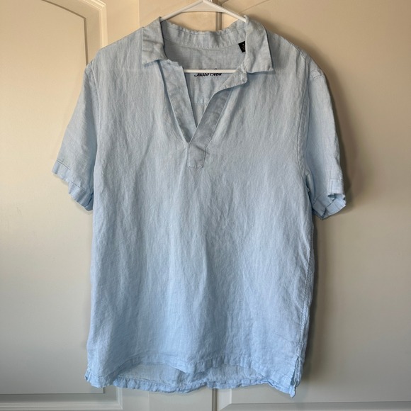 Tasso Elba Mens 100% Linen Shirt Short Sleeve Light‎ Blue V Neck Coastal Medium - Picture 1 of 3